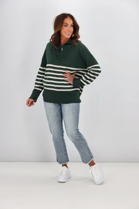 New Styles Just In Alpine by Shine On Rhianna Quarter Zip Striped Merino Jumper Forest w Oatmeal