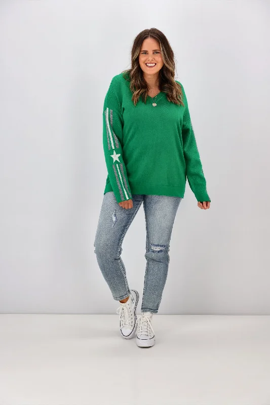 Playful Fashion Offers Shine On Label Micah Star Stripe Sleeve Jumper Emerald