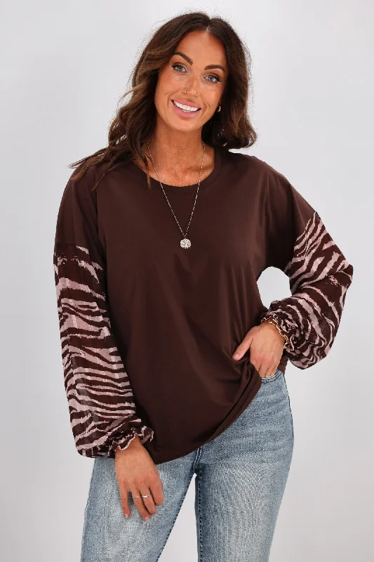 Best-Sellers Gloss by Shine On Willa Zebra Sleeve Top Chocolate