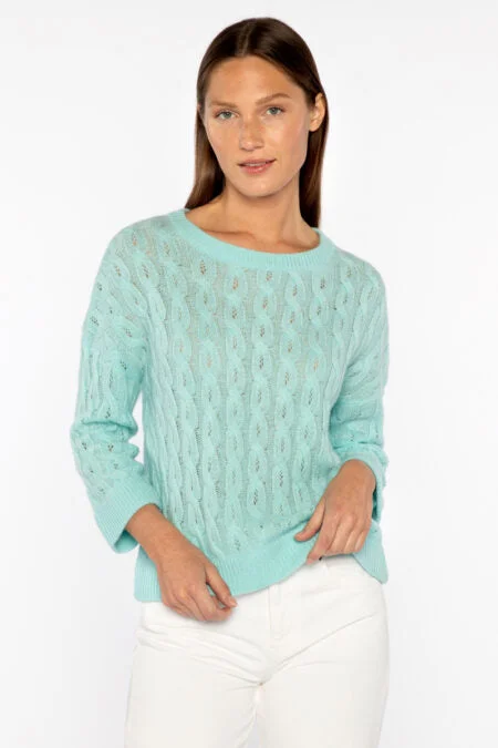 Hot Styles Kinross Cashmere Three Qtr Sleeve Pointelle Cable Crew