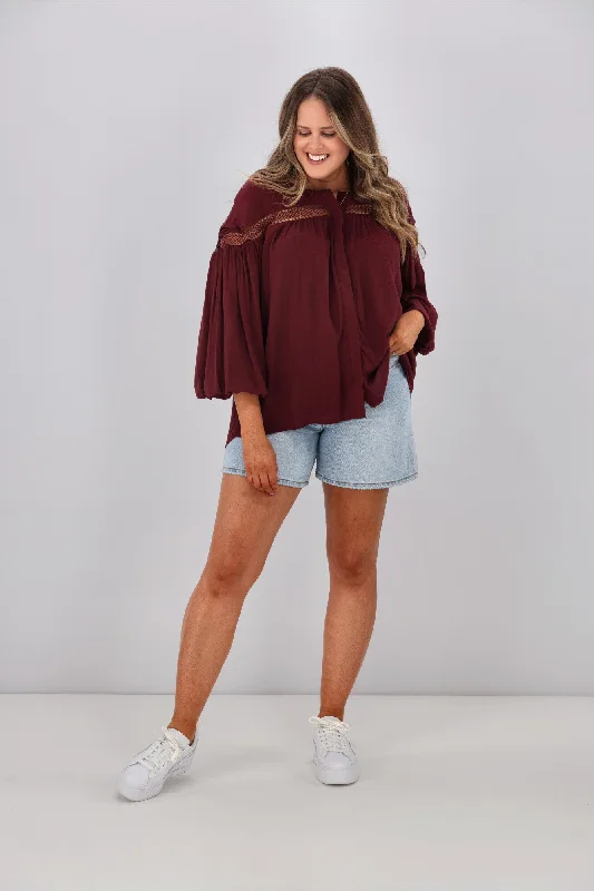 Shop Sale Items Sass Rava Boho 3/4 Sleeve Top Wine