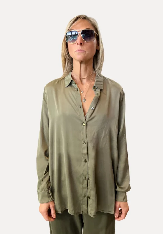 Sporty Fashion Offers Stretch Satin Silk Shirt - Green