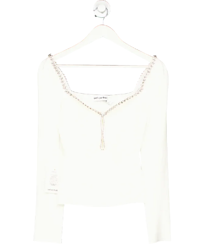 Contemporary Casual Deals Self-Portrait White Sweetheart neck  Diamante embellished Top UK L