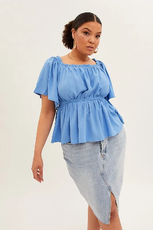 Seasonal Fashion Blue Textured Top Off Shoulder Crepe Jersey