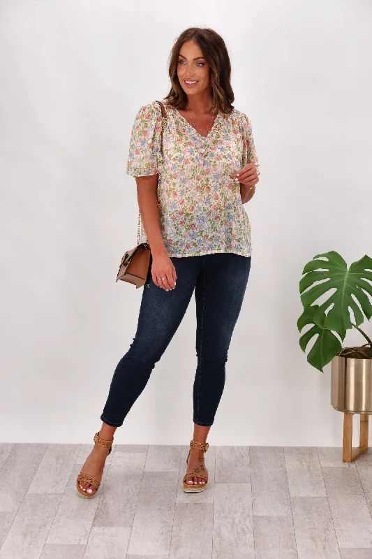 Season Offer Gloss by Shine On Allie Shirred Detail Top Summer Floral