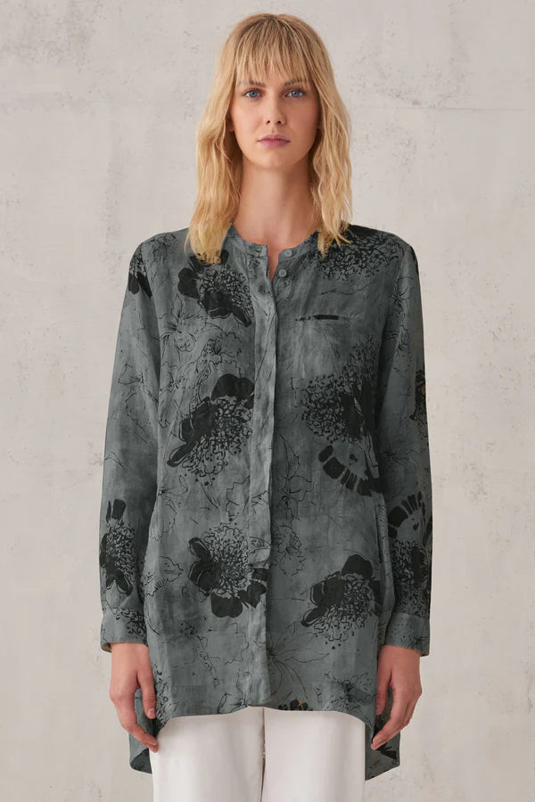 Cozy Comfort Style Sale Printed Linen Mandarin Collar Shirt - Blue