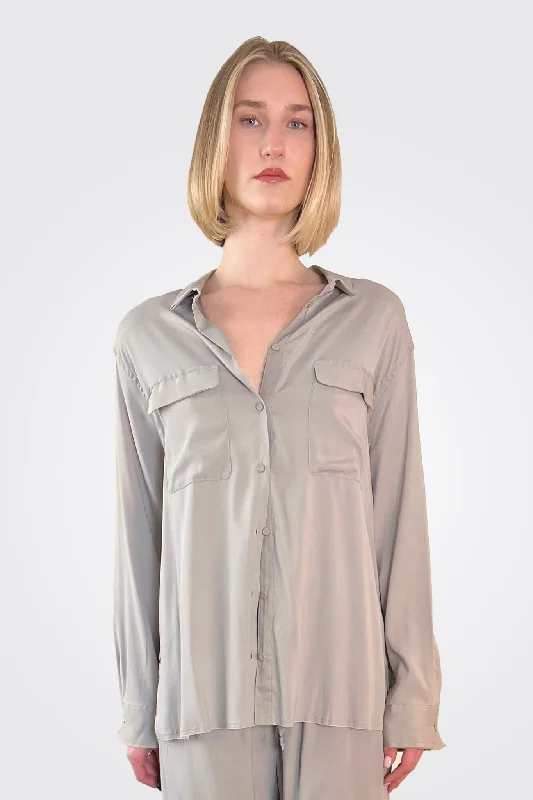 Sporty Fashion Offers Silk Satin Shirt - Vintage Khaki