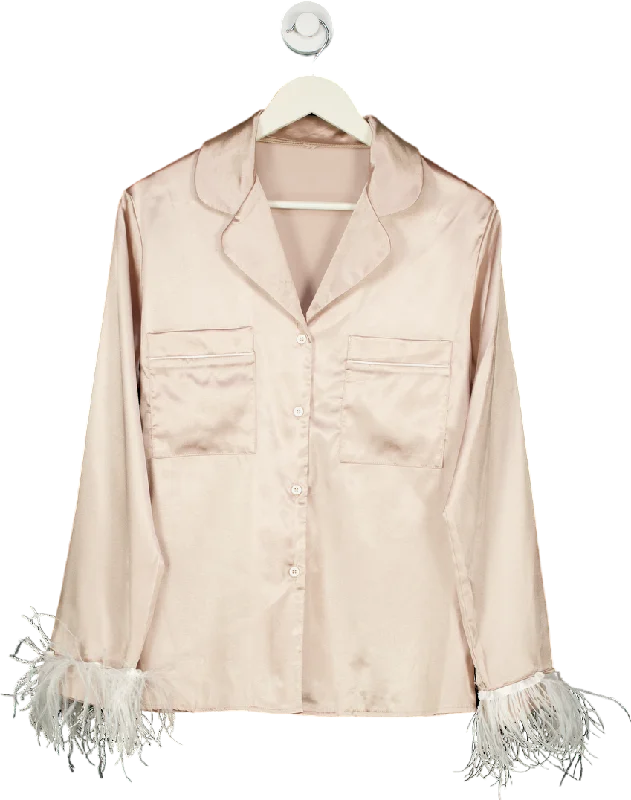 Trendy Pulse Pink satin feather trim shirt UK S