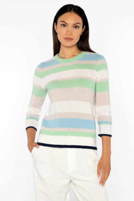 Style Breakthroughs Kinross Cashmere 3/4 Sleeve Openwork Stripe Crew