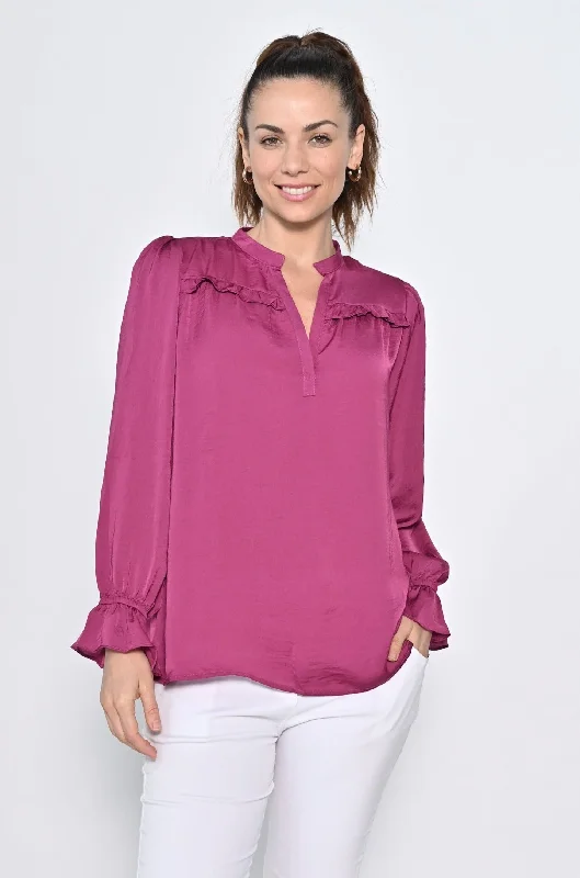 Classy Style Discounts Cali & Co V-neck Frill Sleeve Satin Top Purple