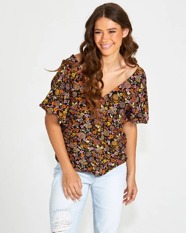 Limited Stock Sass Lilith V-Neck Top Black Floral