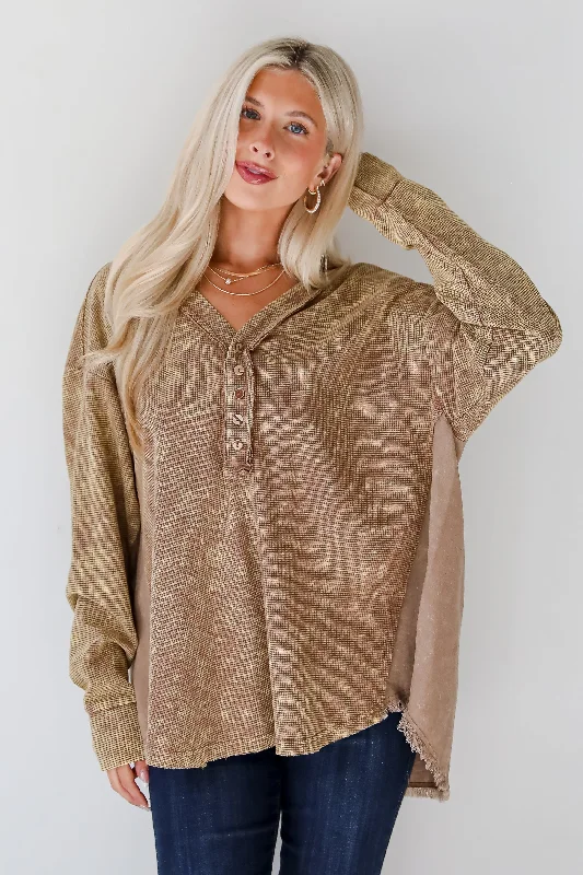 Timeless Style Promotions FINAL SALE - Convincing Composure Mocha Waffle Knit Henley Top