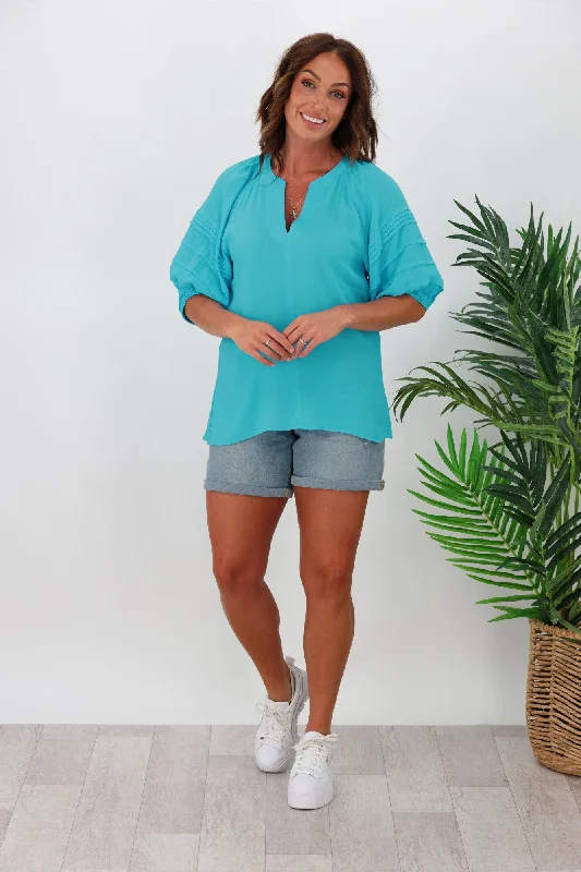 Fashion Sale Gloss by Shine On Zita Pleated Sleeve Top Turquoise