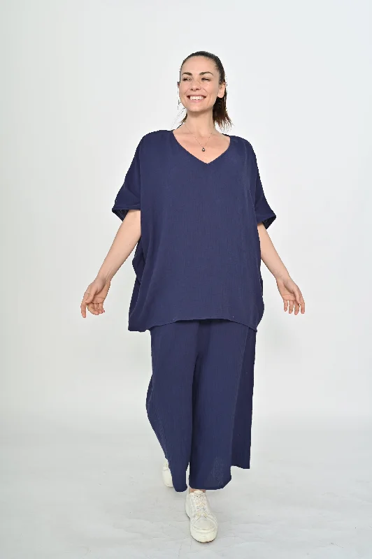 Easy Elegance Sales La Mode V-neck Kaftan Style Cotton Top Navy