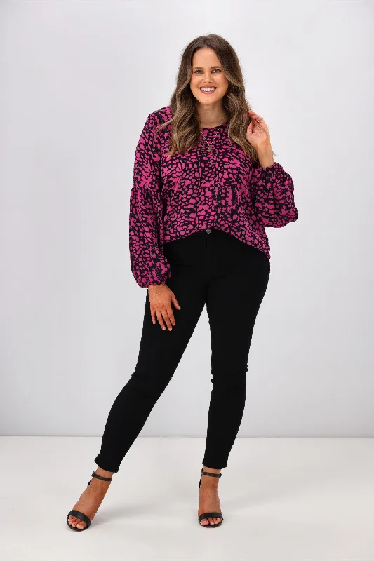 Get The Latest Trends Shine On Label Renee Lantern Sleeve Top Abstract Animal Black Pink