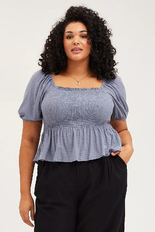 Special Offers Blue Peplum Top Off The Shoulder Puff Sleeve Shirred