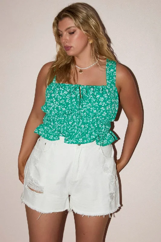 Trendy Looks On Sale Green Ditsy Ruched Top Sleeveless