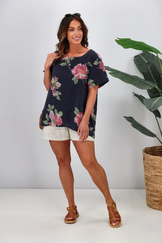 Chic & Cozy Collection Cali & Co Floral Linen Top Navy