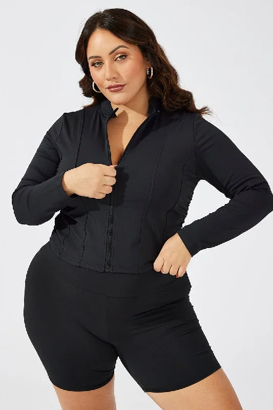 Summer Fashion Black Zip Up Side Ruched Top