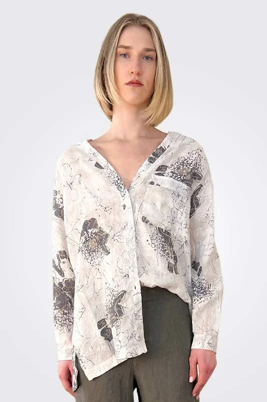 Dive Into Trendy Styles V Neck Printed Linen Shirt - White