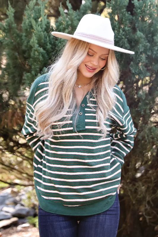 Hurry Before It's Gone Confirmed Vibe Hunter Green Striped Collared Top - DOORBUSTER