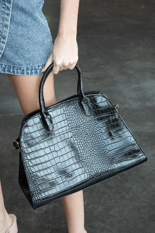Natalee Faux Croc Tote Bag, Black Seasonal Sale On Trendy Handbags