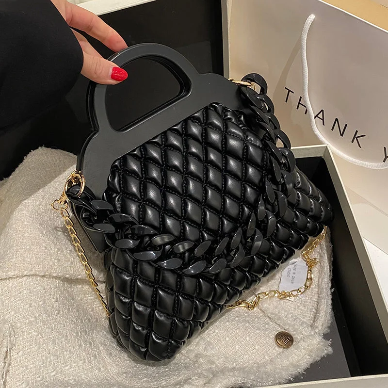 Thick Chains Design Quilted Crossbody Bag PU Leather Padded Shoulder Wooden Handle Luxury Handbags for Women 2022 Trendy Bags, Huge Savings Thick Chains Design Quilted Crossbody Bag PU Leather Padded Shoulder Wooden Handle Luxury Handbags for Women 2022 Trendy Bags, Huge Savings