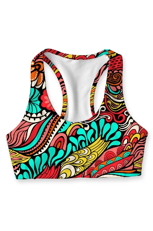 Verve Stella Red Boho Print Seamless Racerback Sport Yoga Bra - Women