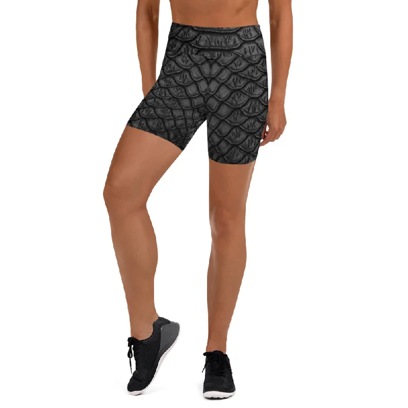 Black Crocodile Skin High Waist Yoga Shorts