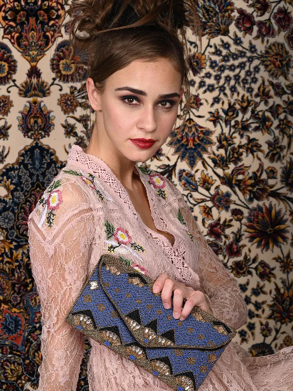 Odette Women Orchid Blue Beaded Envelope Cutch! Statement Bags, Shop Today