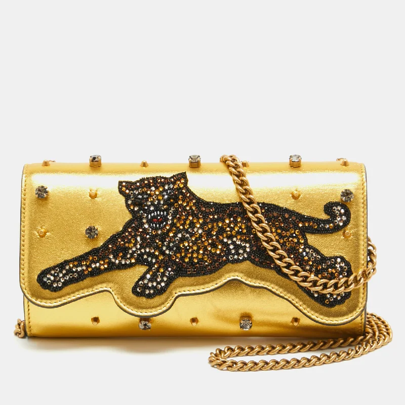 Gucci Leather Embroidered Tiger Crystal Studded Chain Clutch Chic Crossbody Bags, Limited Offers Gucci Leather Embroidered Tiger Crystal Studded Chain Clutch Chic Crossbody Bags, Limited Offers
