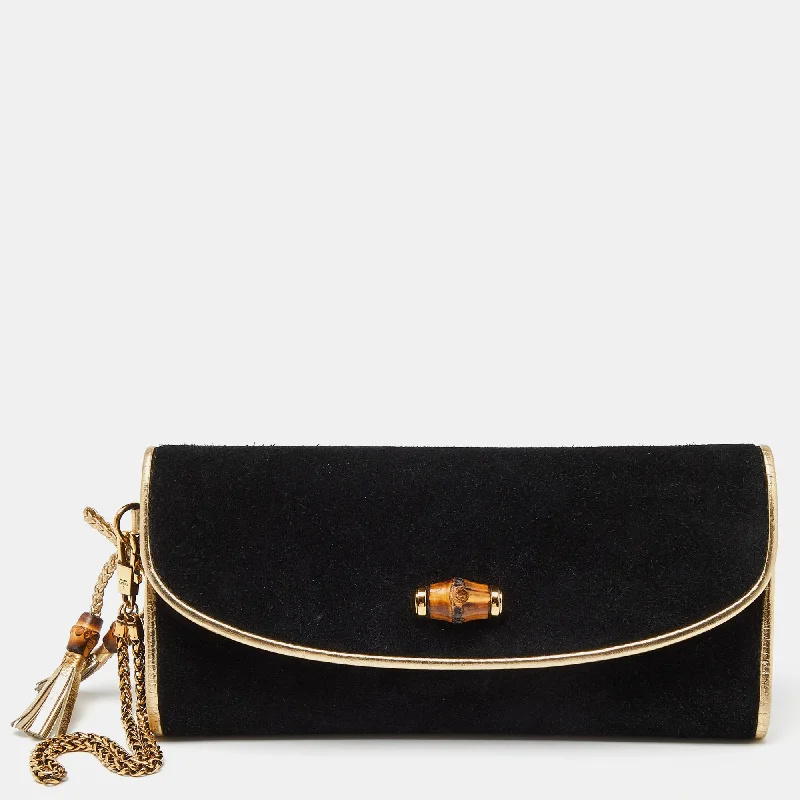 Gucci  Suede Bamboo Wristlet Clutch Timeless Handbags, Flash Sale
