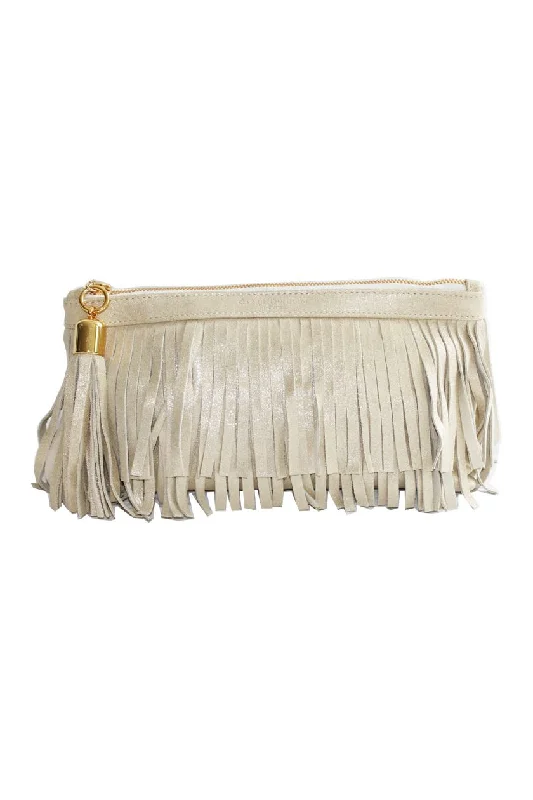 Metallic Gold Fringed Suede Charlie Clutch The Perfect Bag Sale For A Seasonal Refresh