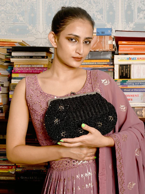 Odette Black Beads Embroidered Clutch For Women Luxury Totes At The Lowest Prices Of The Season