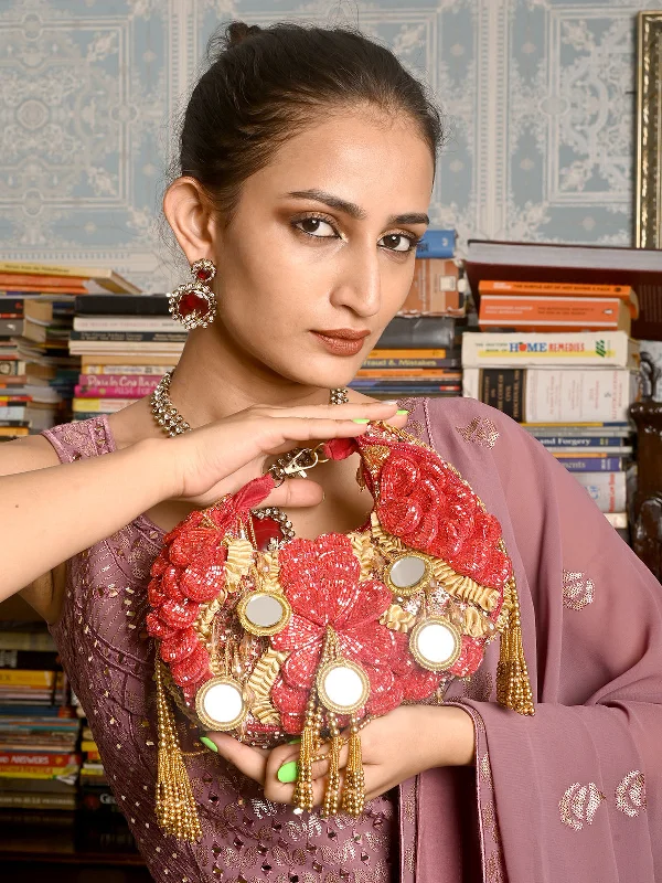 Odette Red Flower Embellished Tasseled Clutch For Women Fashion-Forward Bags, Now On Sale