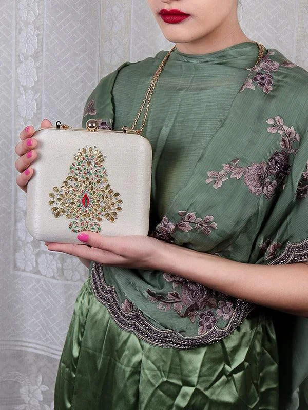 Odette Women Off White Raw Silk Box Clutch Designer Bags At Low Prices