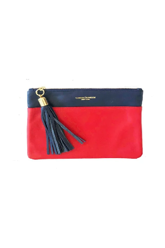 Shaker Red with Navy Border Tassel Clutch Premium Handbags At Exclusive Prices