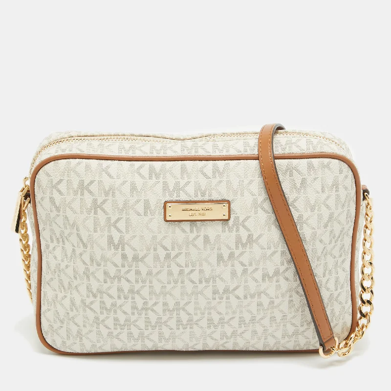 Michael Kors Off White/brown Signature Coated Canvas And Leather East/west Crossbody Bag Stylish Handbags At Unbeatable Discounts Michael Kors Off White/brown Signature Coated Canvas And Leather East/west Crossbody Bag Stylish Handbags At Unbeatable Discounts