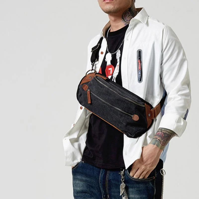 Black Canvas Leather Fanny Pack Men's Chest Bag Sling Hip Bag Canvas Waist Bag For Men Luxury Handbags, Budget-Friendly Black Canvas Leather Fanny Pack Men's Chest Bag Sling Hip Bag Canvas Waist Bag For Men Luxury Handbags, Budget-Friendly