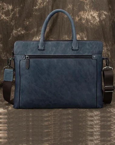 Brown Leather Men 14 inches Vintage Briefcase Handbag Blue Laptop Handbag Messenger Bag For Men Fashion Bags, Huge Savings