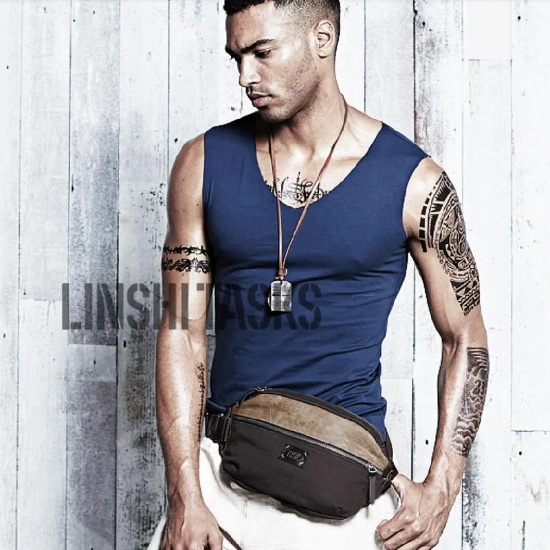 Casual Black Canvas Leather Fanny Pack Men's Chest Bag Hip Bag Waist Bags For Men Luxury Bags, Budget Prices Casual Black Canvas Leather Fanny Pack Men's Chest Bag Hip Bag Waist Bags For Men Luxury Bags, Budget Prices