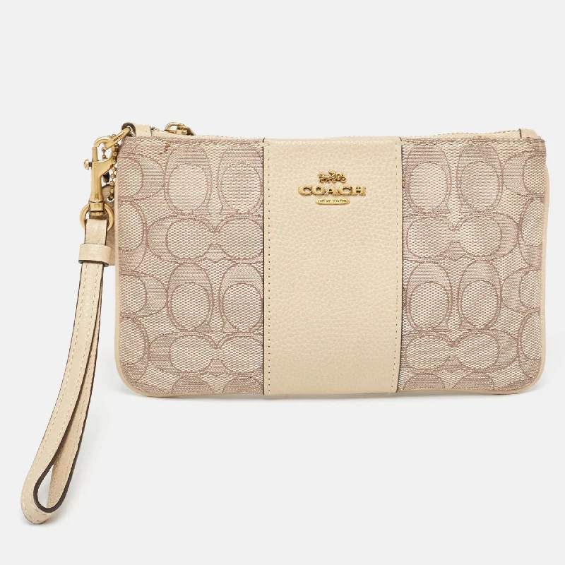 Coach Beige Signature Canvas And Leather Wristlet Zip Pouch Grab Stylish Bags Before They're Gone Coach Beige Signature Canvas And Leather Wristlet Zip Pouch Grab Stylish Bags Before They're Gone