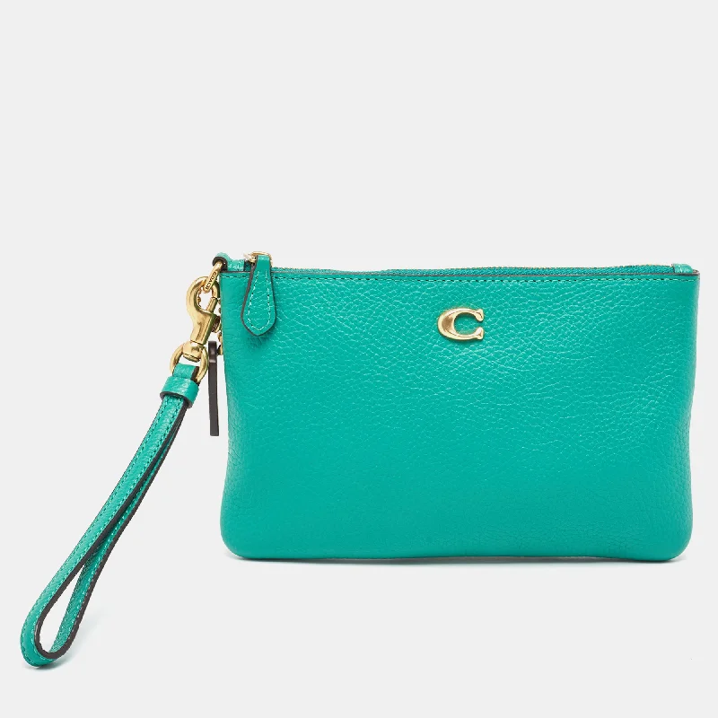 Coach Green Leather Wristlet Zip Pouch Premium Handbags At Unbeatable Markdowns