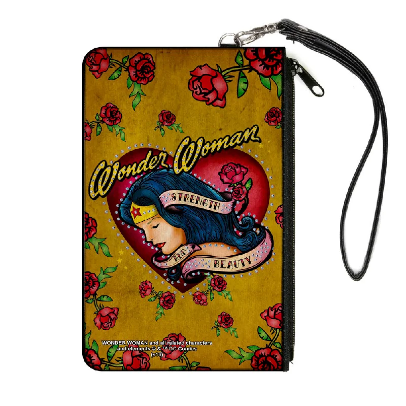 Canvas Zipper Wallet - LARGE - Studded WONDER WOMAN Heart STRENGTH AND BEAUTY Tattoo Roses Gold Stylish Handbags At Unbeatable Discounts Canvas Zipper Wallet - LARGE - Studded WONDER WOMAN Heart STRENGTH AND BEAUTY Tattoo Roses Gold Stylish Handbags At Unbeatable Discounts