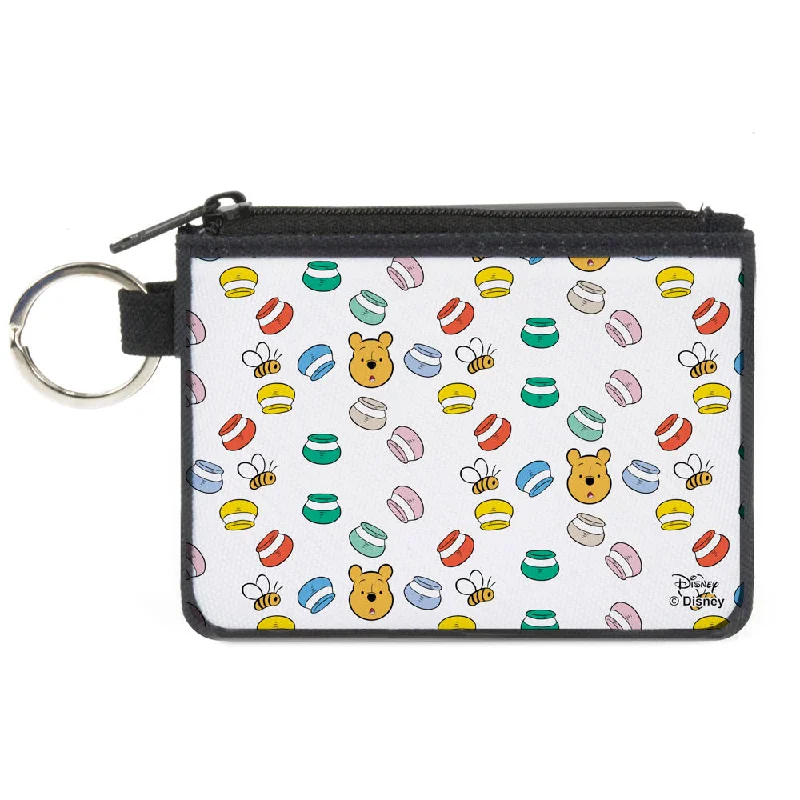 Canvas Zipper Wallet - MINI X-SMALL - Winnie the Pooh Face Bee Honey Pots Scattered White Affordable Elegance, Grab Yours