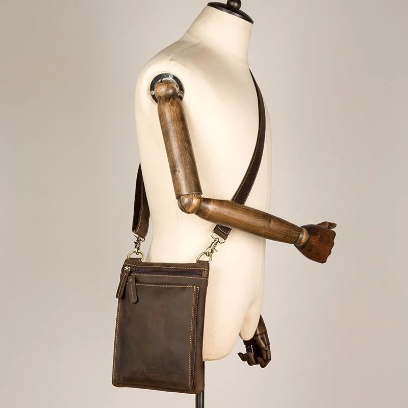 Dark Brown Cool Leather Small Vertical Side Bag Messenger Bags Courier Bag for Men Statement Handbags At Unbeatable Discounts
