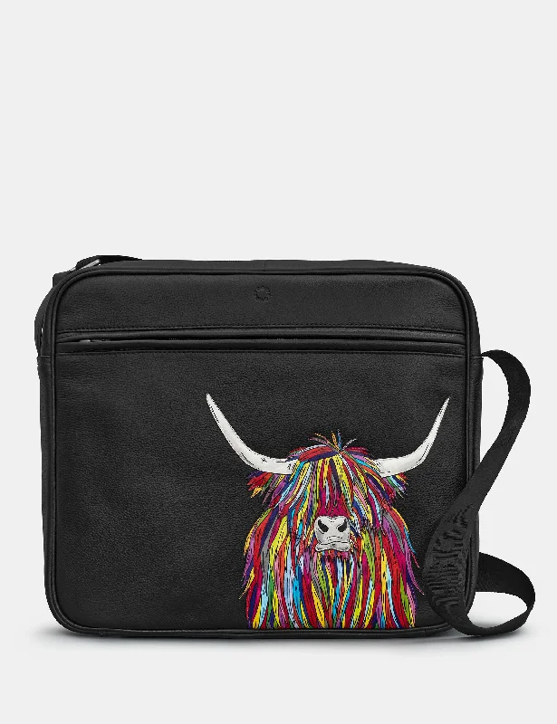 Highland Cow Black Leather Messenger Bag Classic Totes, Exclusive Deals