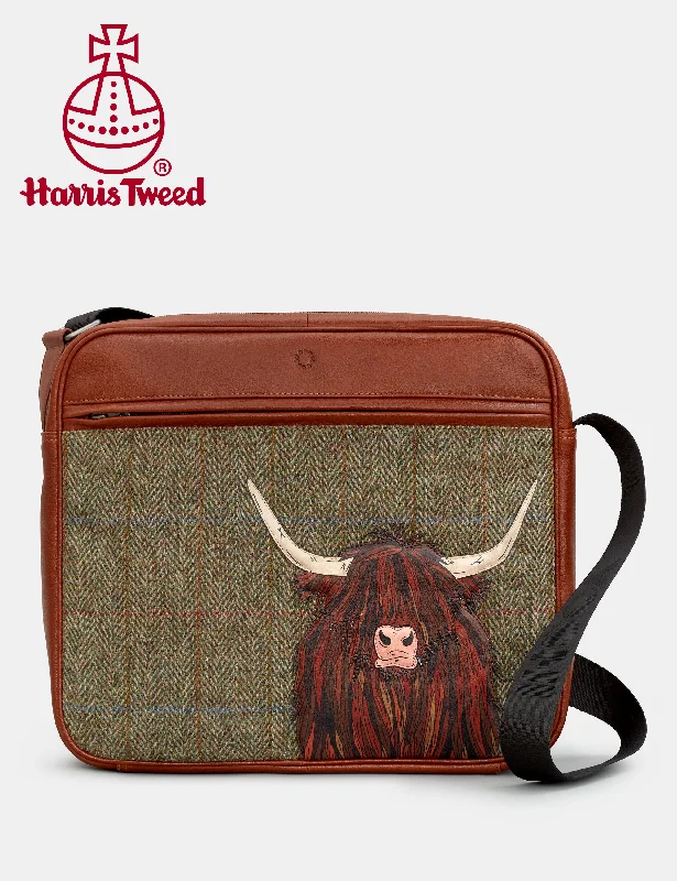 Highland Cow Harris Tweed & Brown Leather Messenger Bag Statement Bags, Shop Today
