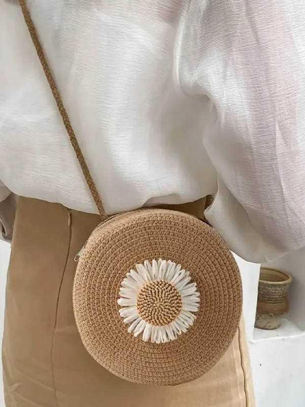 SHEIN Flower Graphic Circle Straw Bag, Vintage Shoulder Beach Bag, Women's Crossbody Purse Mini Flower Decor Straw Bag Stylish And Durable Handbags At Great Value