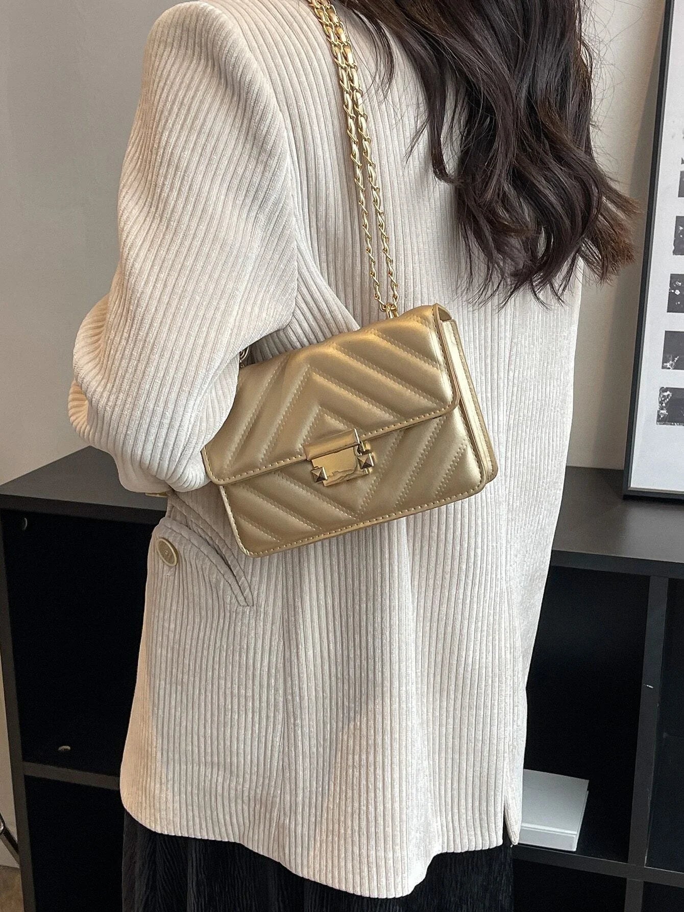 SHEIN Mini Metallic Quilted Push Lock Flap Chain Square Bag Luxury Bags, Budget Prices SHEIN Mini Metallic Quilted Push Lock Flap Chain Square Bag Luxury Bags, Budget Prices